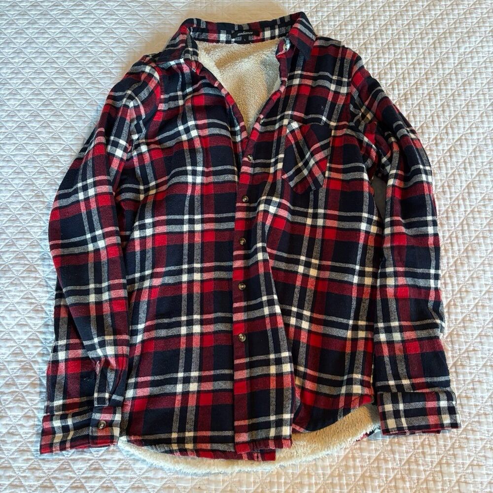 Women Red and Navy Blue Plaid Sherpa Lined Button Down jacket